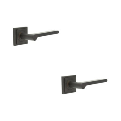 2 PACK Premium Dark Bronze Square Door Handle with Stepped Rose Design - Solid Brass Interior Handle