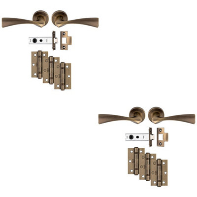 2 PACK - Premium Door Handle & Latch Pack Set- Antique Brass Curved Flair Lever Round Rose