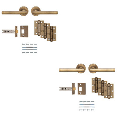 2 PACK Premium Door Handle & Latch Pack Set- Antique Brass Straight Bar Lever Round Rose