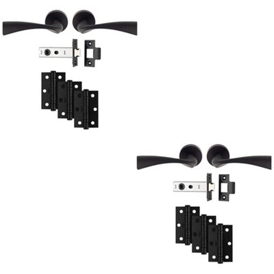 2 PACK - Premium Door Handle & Latch Pack Set- Matt Black Curved Flair Lever Round Rose