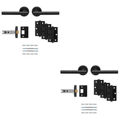 2 PACK Premium Door Handle & Latch Pack Set- Matt Black Straight Bar Lever Round Rose