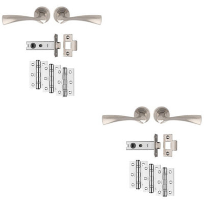 2 PACK - Premium Door Handle & Latch Pack Set- Satin Nickel Curved Flair Lever Round Rose