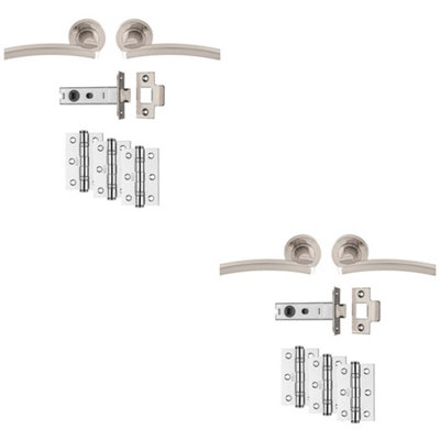 2 PACK - Premium Door Handle & Latch Pack Set- Satin Nickel Slim Curved Lever Round Rose