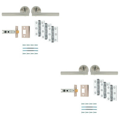 2 PACK - Premium Door Handle & Latch Pack Set- Satin Nickel Straight Bar Lever Round Rose