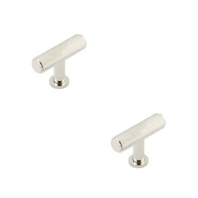 2 PACK Premium Knurled T Bar Cupboard Knob in Polished Nickel - Kitchen Cabinet Knob