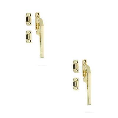 2 PACK Premium Polished Brass Non-Lockable Casement Fasteners - 124mm Modern Design - Window Handle