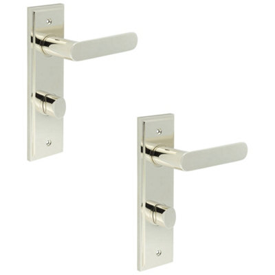 2 PACK Premium Polished Nickel Bathroom Door Handle with Backplate and Turn Release - Solid Brass Interior Handle