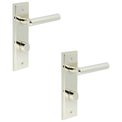 2 PACK Premium Polished Nickel Bathroom Door Handle with Backplate and Turn Release - Solid Brass Interior Lever