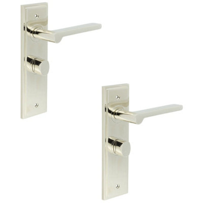 2 PACK Premium Polished Nickel Bathroom Door Handle with Backplate and Turn Release - Solid Brass Internal Handle