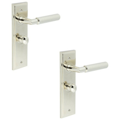 2 PACK Premium Polished Nickel Bathroom Door Handle with Backplate - Solid Brass Interior Handle