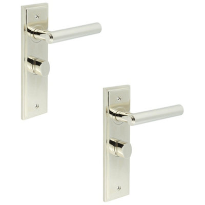 2 PACK Premium Polished Nickel Bathroom Door Handle with Backplate Turn Release - Solid Brass Interior Lever