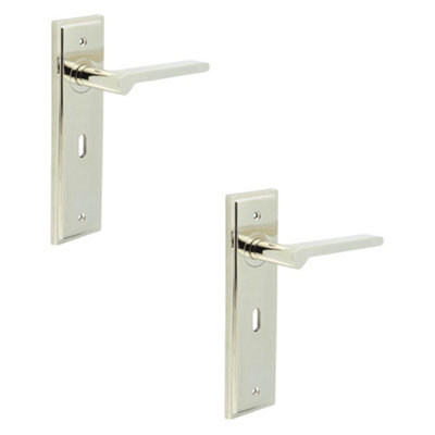 2 PACK Premium Polished Nickel Door Handle Lock Backplate - Solid Brass Interior Handle
