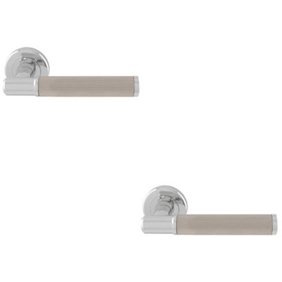 2 PACK - Premium Reeded Lines Door Handle Set - Chrome & Nickel Designer Lever Round Rose