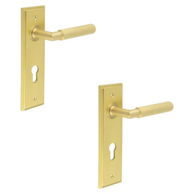 2 PACK Premium Satin Brass Euro Backplate Door Handle with Lever - Solid Brass Interior Handle