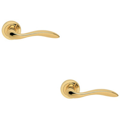 2 PACK - Premium Scroll Door Handle Set - Polished Brass Elegant Lever on Round Rose