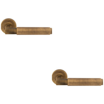 2 PACK - Premium Smooth Door Handle Set - Antique Brass Angled Lever on Round Rose
