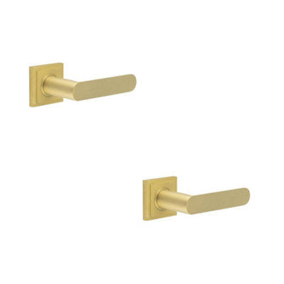 2 PACK Premium Square Stepped Rose Door Handle in Satin Brass - Solid Brass Interior Handle