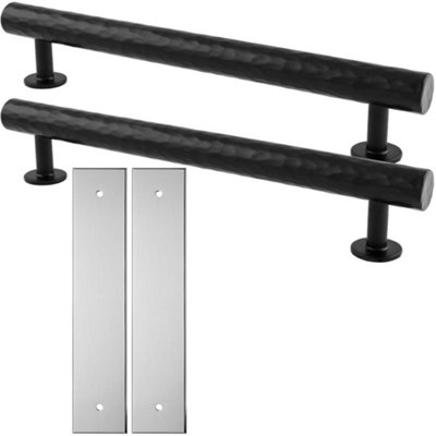 2 PACK - Pull Handle & Contrasting Backplate Set - Hammered Round T Bar ...