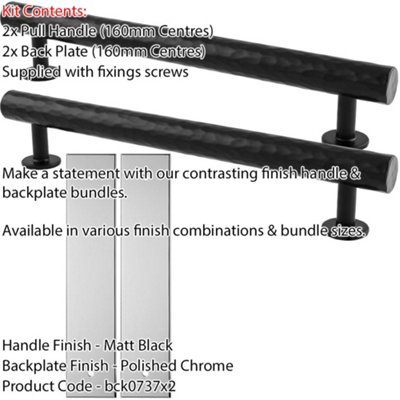 2 PACK - Pull Handle & Contrasting Backplate Set - Hammered Round T Bar - Matt Black & Chrome