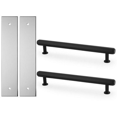 2 PACK - Pull Handle & Contrasting Backplate Set - Industrial Hex T Bar - Matt Black & Chrome