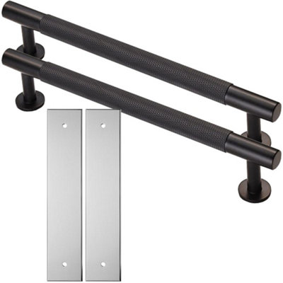2 PACK - Pull Handle & Contrasting Backplate Set - Knurled Round T Bar - Matt Black & Chrome