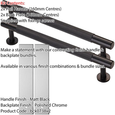 2 PACK - Pull Handle & Contrasting Backplate Set - Knurled Round T Bar - Matt Black & Chrome