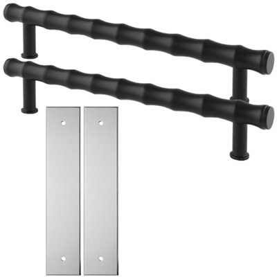 2 PACK - Pull Handle & Contrasting Backplate Set - Modern Bamboo T Bar - Matt Black & Chrome