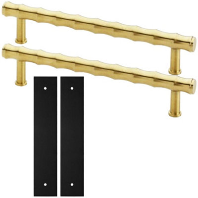 2 PACK - Pull Handle & Contrasting Backplate Set - Modern Bamboo T Bar - Satin Brass & Black