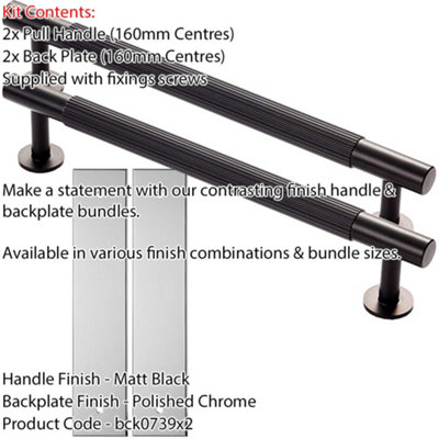 2 PACK - Pull Handle & Contrasting Backplate Set - Reeded Lined T Bar - Matt Black & Chrome