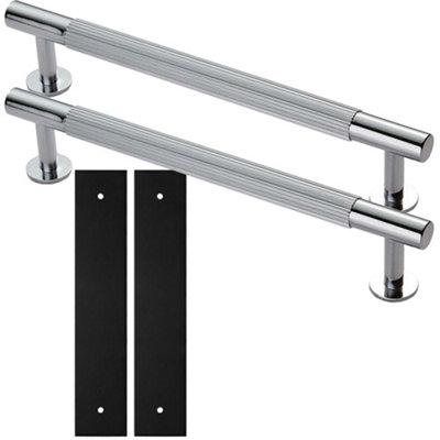 2 PACK - Pull Handle & Contrasting Backplate Set - Reeded Lined T Bar - Polished Chrome & Black