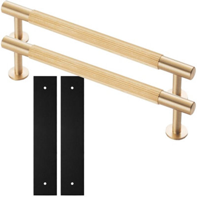 2 PACK - Pull Handle & Contrasting Backplate Set - Reeded Lined T Bar - Satin Brass & Black