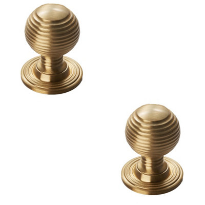 2 PACK - Reeded Ball Door Knob - 23mm Satin Brass Brass Lined Cupboard Pull Handle & Rose