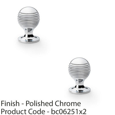 2 PACK - Reeded Ball Door Knob - 25mm Diameter Polished Chrome Lined Cupboard Pull Handle