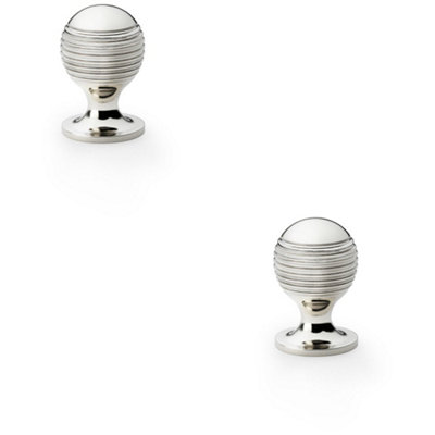 2 PACK - Reeded Ball Door Knob - 25mm Diameter Polished Nickel Lined Cupboard Pull Handle