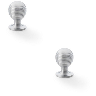 2 PACK - Reeded Ball Door Knob - 25mm Diameter Satin Chrome Lined Cupboard Pull Handle
