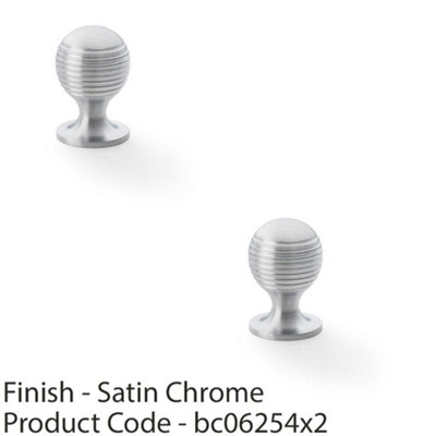 2 PACK - Reeded Ball Door Knob - 25mm Diameter Satin Chrome Lined Cupboard Pull Handle