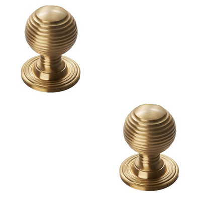 2 PACK - Reeded Ball Door Knob - 28mm Satin Brass Lined Cupboard Pull Handle & Rose