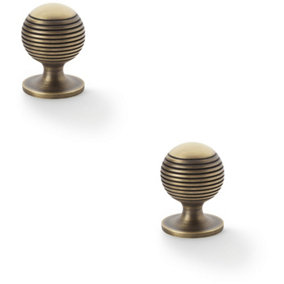 2 PACK - Reeded Ball Door Knob - 32mm Diameter Antique Brass Lined Cupboard Pull Handle