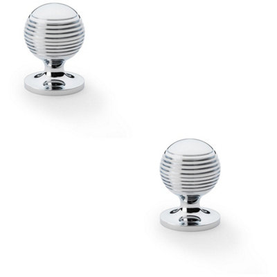 2 PACK - Reeded Ball Door Knob - 32mm Diameter Polished Chrome Lined Cupboard Pull Handle