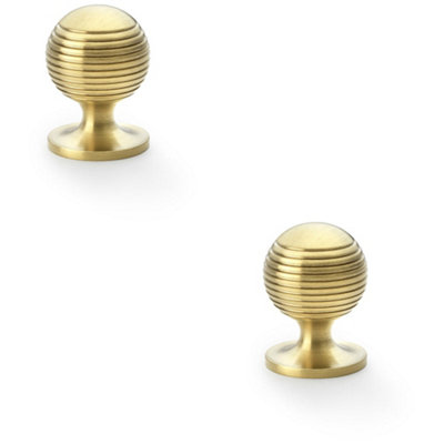 2 PACK - Reeded Ball Door Knob - 32mm Diameter Satin Brass Lined Cupboard Pull Handle