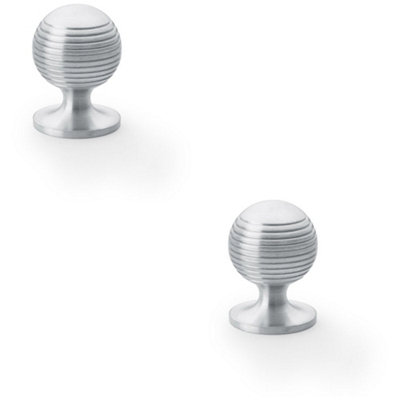 2 PACK - Reeded Ball Door Knob - 32mm Diameter Satin Chrome Lined Cupboard Pull Handle