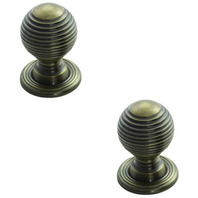 2 PACK - Reeded Ball Door Knob - 35mm Florentine Bronze Lined Cupboard Pull Handle & Rose