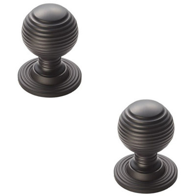 2 PACK - Reeded Ball Door Knob - 35mm Matt Black Lined Cupboard Pull Handle & Rose