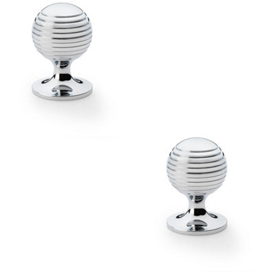 2 PACK - Reeded Ball Door Knob - 38mm Diameter Polished Chrome Lined Cupboard Pull Handle