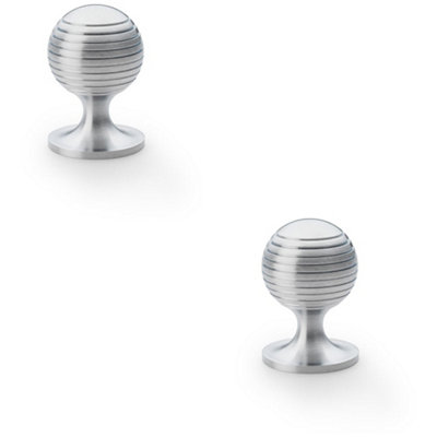 2 PACK - Reeded Ball Door Knob - 38mm Diameter Satin Chrome Lined Cupboard Pull Handle