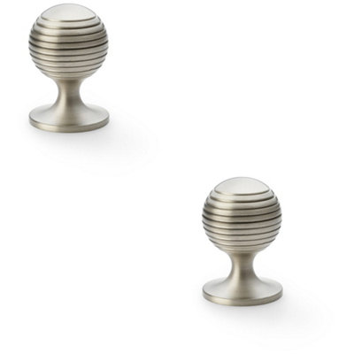2 PACK - Reeded Ball Door Knob - 38mm Diameter Satin Nickel Lined Cupboard Pull Handle