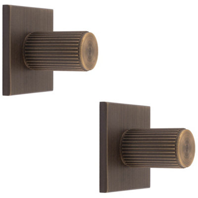 2 PACK - Reeded Cylinder Cabinet Door Knob & Matching Backplate Antique Brass 40 x 40mm