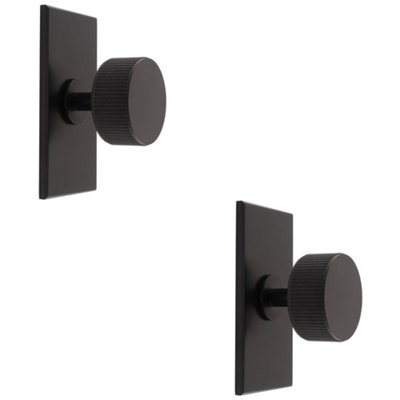 2 PACK - Reeded Radio Cabinet Door Knob & Matching Backplate Lined Matt Black 76 x 40mm