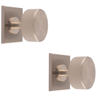 2 PACK - Reeded Radio Cabinet Door Knob & Matching Backplate Lined Satin Nickel 40 x 40mm