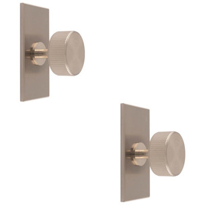 2 PACK - Reeded Radio Cabinet Door Knob & Matching Backplate Lined Satin Nickel 76 x 40mm